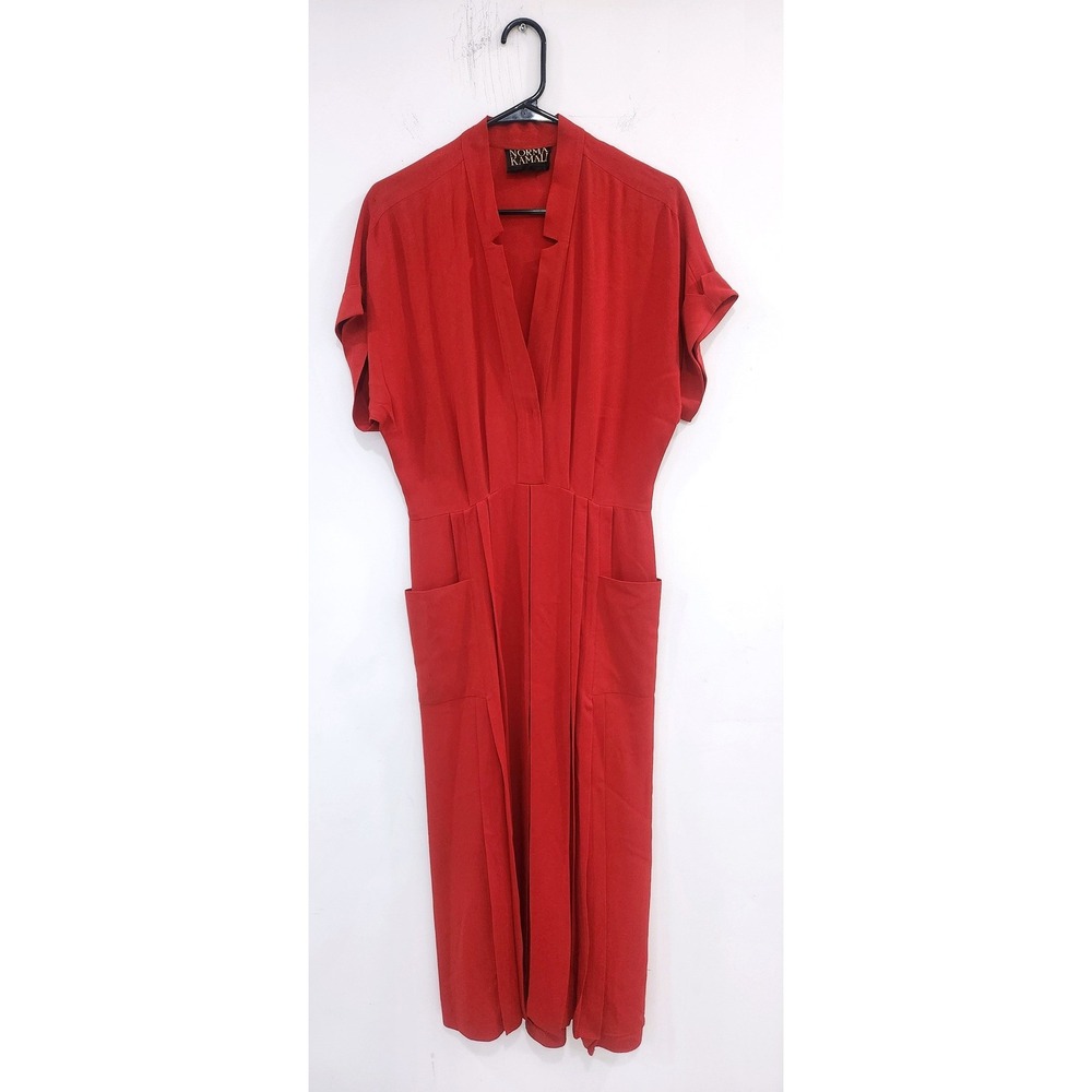Vintage Norma Kamali Red‎ Pleated Midi Dress Short Sleeve Pockets Size 42